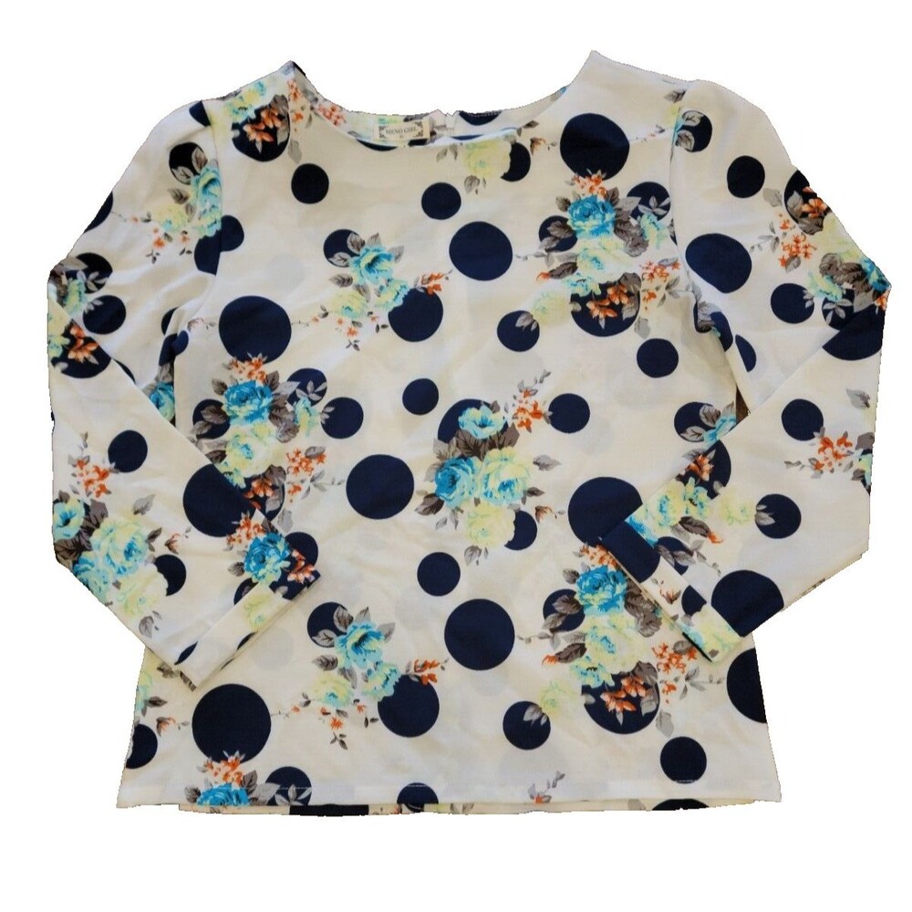 Meno Girl White Floral Polka Dot Scoop Neck Zipper Long Sleeve Top Blouse XL